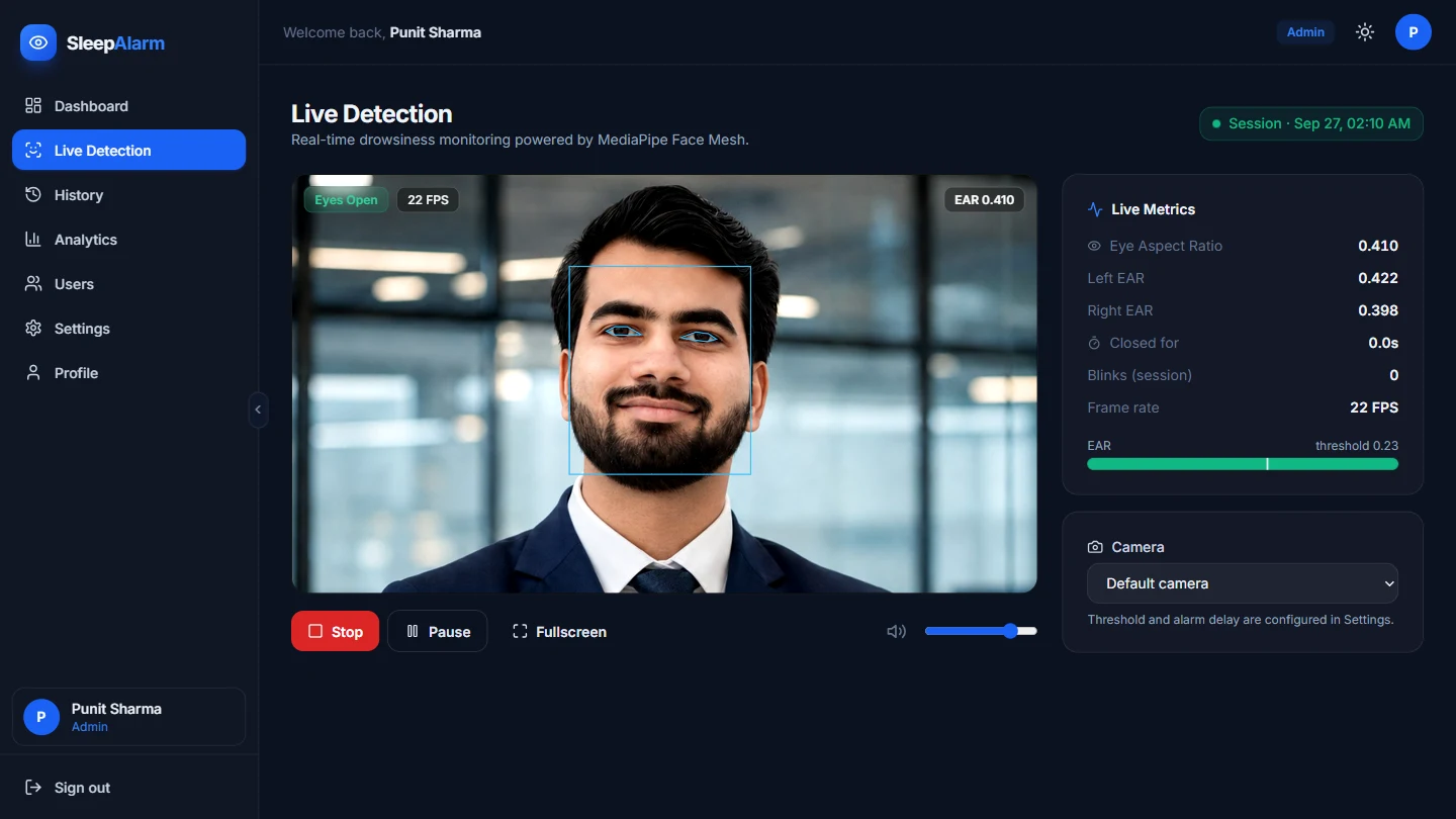 SleepAlarm — live eye detection