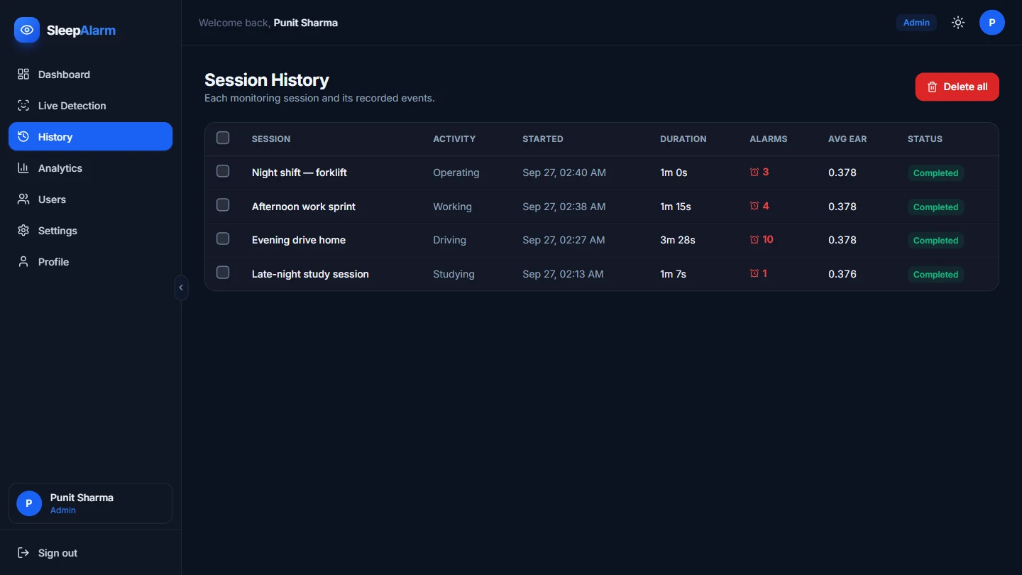 SleepAlarm — session history