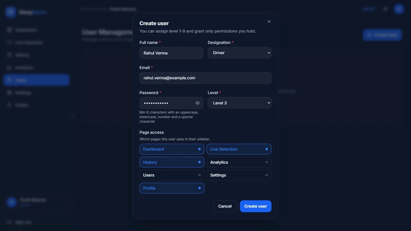 SleepAlarm — user roles and access