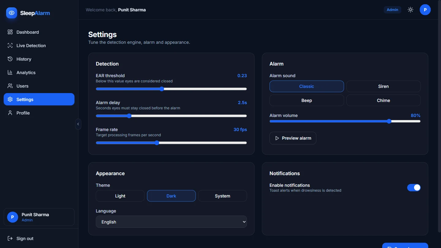SleepAlarm — detection settings